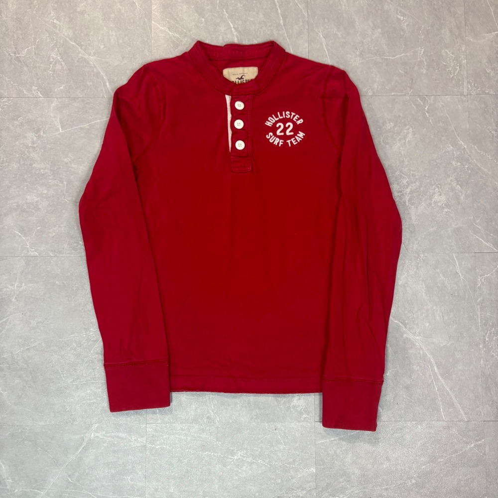 Hollister Mens Long Sleeve Henley Shirt Red Surf Team Graphic Large